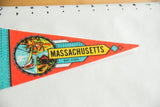 Close-up of vintage Massachusetts felt pennant tip with yellow text, orange, and teal.