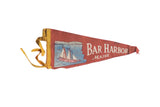 Distressed vintage Bar Harbor Maine felt pennant, red with blue sailboat art, yellow ties.