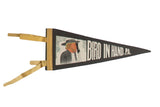 Vintage Bird In Hand, PA felt pennant with Amish man graphic, black and yellow.