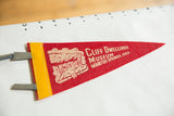 Close-up of the off-white graphic and text on a vintage red felt museum pennant.