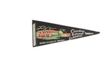 Vintage Canadian National Exhibition felt pennant with colorful Queen Elizabeth building on black, 5x11 inches.