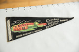Colorful Queen Elizabeth Building graphic and stitched edge on vintage CNE felt pennant.