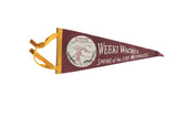 Vintage burgundy Weeki Wachee pennant with mermaids graphic, yellow trim, 5