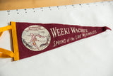 Vintage burgundy felt pennant, mermaids graphic, Weeki Wachee text, yellow trim.