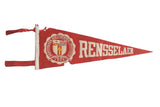 Vintage Rensselaer felt flag pennant with RPI emblem and text, aged red and off-white felt, 6x14.