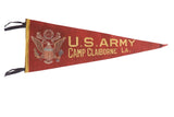 Vintage U.S. Army Camp Claiborne LA red felt pennant, yellow lettering, US Army crest.