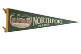 Northport Maine felt pennant, dark green, featuring Atlantic Tropical Nut House illustration, 9x26 inches.