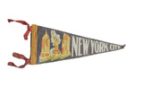 Vintage New York City felt pennant, slate gray, yellow-orange landmarks, white text, 5x11.