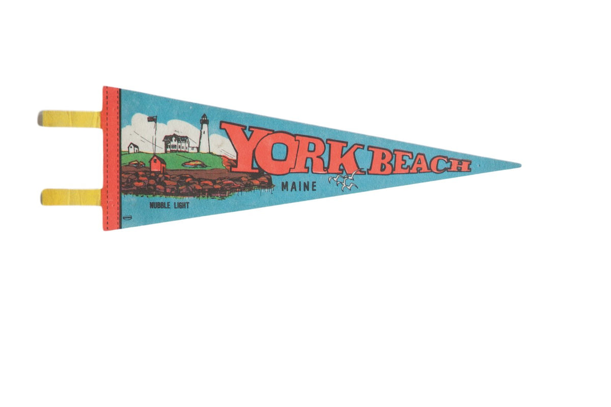 Vintage York Beach Maine felt pennant, Nubble Lighthouse and island, blue and red.