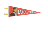 Vintage Lancaster, P.A. felt pennant with Amish man and text on faded red.