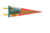 Vintage Strasburg Rail Road felt pennant with colorful train and horse-drawn buggy.