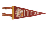 Vintage Littleton, N.H. felt pennant with Native American Indian profile in headdress, red, 5x11.