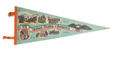 Vintage United States felt pennant, light blue, 1776-1976 historical scenes, orange trim.
