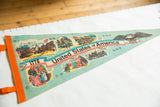 Vintage USA felt pennant with orange binding and historical 1776 timeline illustrations.
