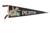 Vintage black felt Perth Canada pennant, RCMP officer, horse, dog, 7x22 inches.