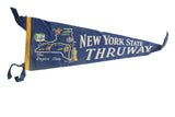 Vintage New York State Thruway blue felt flag pennant featuring map and landmarks, 9x25.
