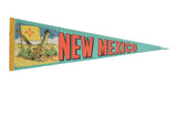 Vintage 1970s New Mexico felt pennant with roadrunner, state flag, and orange NEW MEXICO text.