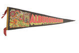 Vintage Albuquerque New Mexico felt pennant, dancing figure, desert scene, red text.