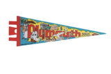 Vintage Plymouth Mass. felt pennant with colorful retro graphics of pilgrims and historic landmarks.