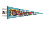 Vintage Massachusetts felt flag pennant with red lettering and colorful state landmarks, 5 x 14 inches.