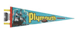 Vintage blue felt pennant for Plymouth, Massachusetts with yellow lettering and Mayflower ship graphic.