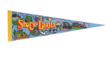 Vintage Story Land Glen New Hampshire felt pennant, pale blue with colorful cartoon illustrations, 8x26.