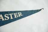 Vintage blue felt pennant tip showing cream 'ASTER' text, creasing, and fraying.