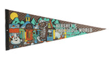 Vintage Hershey's Chocolate World felt pennant with colorful characters, buildings, and logo, 12 x 29 inches.