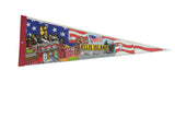 Vintage Ellis Island souvenir felt pennant with colorful graphics of the historic building and flag.