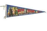 Blue vintage New York City felt pennant with Statue of Liberty, Empire State, UN Building.