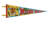 Vintage Miami Beach felt pennant features vivid beach scene, golfer, people in water, and red text.