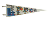 Vintage 1980 Lake Placid Winter Olympics felt pennant, raccoons playing winter sports, 8x25.