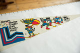 Vintage Lake Placid 1980 Olympic felt pennant depicting raccoons playing winter sports.