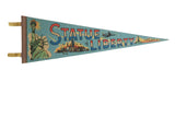 Vintage 1970s Statue of Liberty felt pennant featuring blue field, NYC skyline, and text, 8x25.