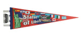 Vintage Statue of Liberty felt pennant with green statue, American flag, global flags, and ferry scene.