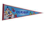 Excalibur Hotel Las Vegas felt pennant, vintage 1970s blue with castle, bears, dragon, 12x29.