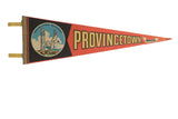 Vintage red felt pennant featuring Provincetown Monument, flying seagull, and gold text, 8x25.