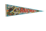 Vintage Cog Railway Mount Washington felt pennant showing train, lodge, and skier, 8x25.