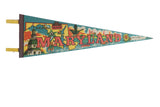 Vintage Maryland felt pennant with state map, landmarks, and Black-Eyed Susan, 8x25 inches.