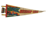 Vintage Battleship Cove felt pennant with colorful warship illustration, 8 by 25 inches.