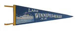 Vintage blue felt Lake Winnipesaukee pennant featuring Steamboat Mt. Washington, 9x26 inches.