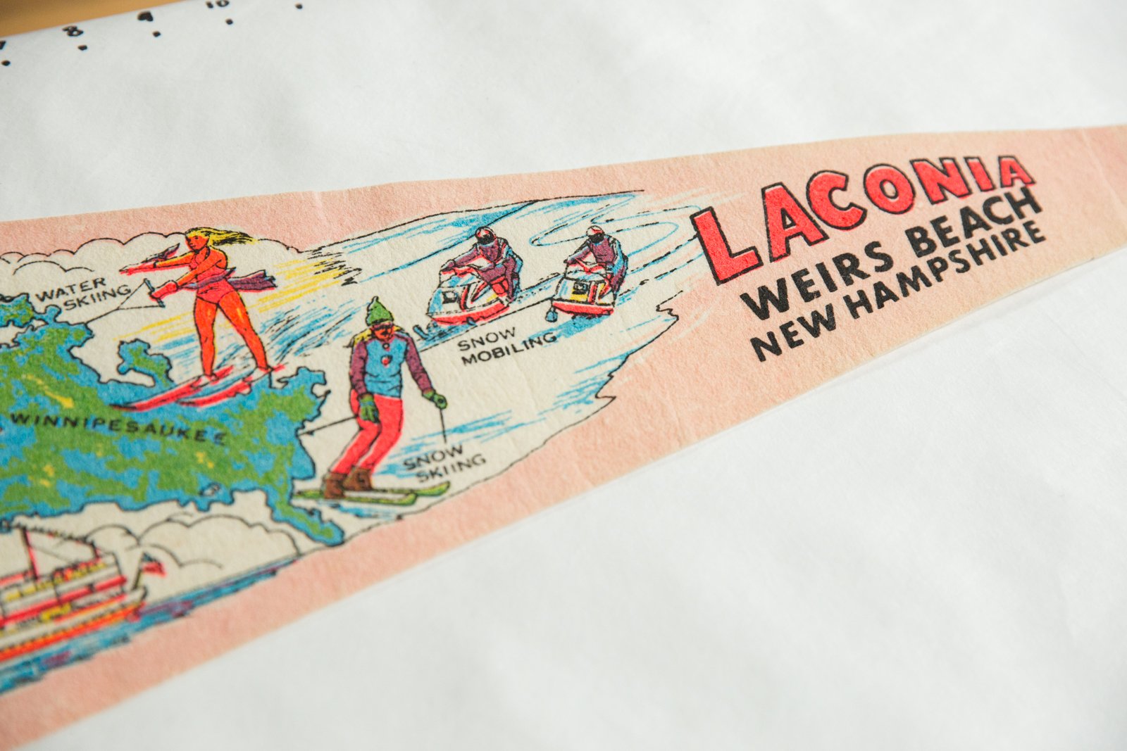 Laconia Weirs Beach New Hampshire (Old Man of the mountain / Lake Winnipesaukee / Water Skiing, Snow Mobiling / Snow Skiing) Felt Flag