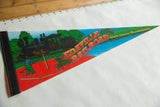 Vintage Edaville Railroad felt pennant detail, showing train, worker, and bold text.