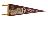 Vintage Great Smoky Mts. felt pennant, burgundy, with Native American and mountain highway views.