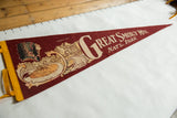 Burgundy felt pennant with yellow trim, featuring Native American and Great Smoky Mountains scenes.