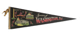Vintage 1960s Washington D.C. souvenir felt pennant with colorful monuments on a black background.
