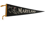 Black vintage Maryland felt pennant with white state outline, landmarks, yellow trim, 9x27 inches.