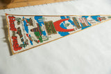 Vintage felt pennant detail with red arch, Mexican figure, cacti, and blue sky.