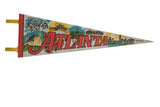 Vintage Atlanta Georgia felt pennant with red ATLANTA text and colorful city landmarks, 8x25 inches.