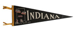 Vintage black felt Indiana pennant with white text, colorful landmarks, and yellow ties.